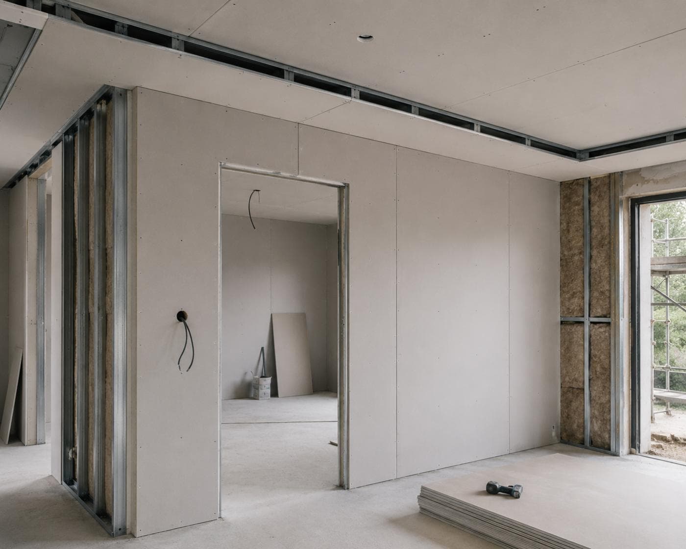 Trockenbauwand mit Ständerwerk und Beplankung