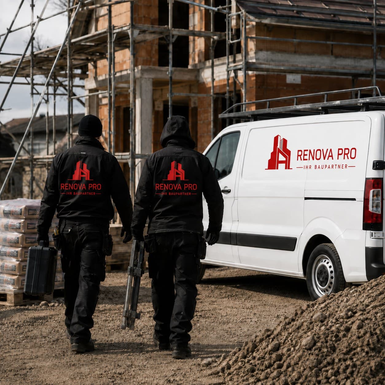 Zwei Mitarbeiter in Arbeitskleidung mit Renova-Pro-Logo gehen mit Werkzeug auf eine eingerüstete Baustelle zu, daneben der beschriftete Firmenwagen.